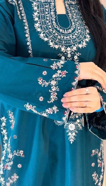 Teal Elegance Embroidered unstitched shamoz silk 2-Piece Suit