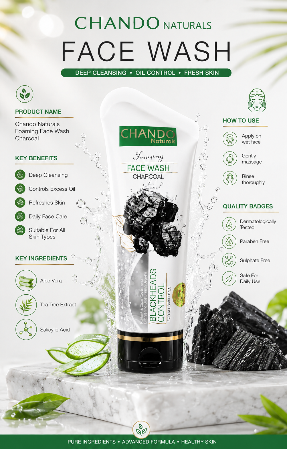 CHANDO Naturals Charcoal Foaming Face Wash – Deep Cleansing & Oil Control Formula