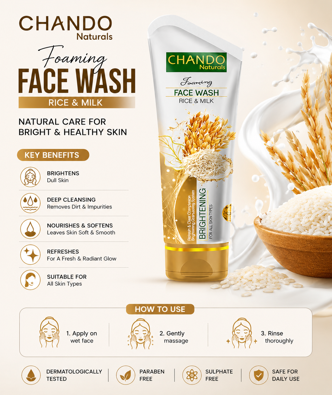CHANDO Naturals Rice & Milk Face Wash – Brightening & Nourishing Daily Cleanser  Short Description