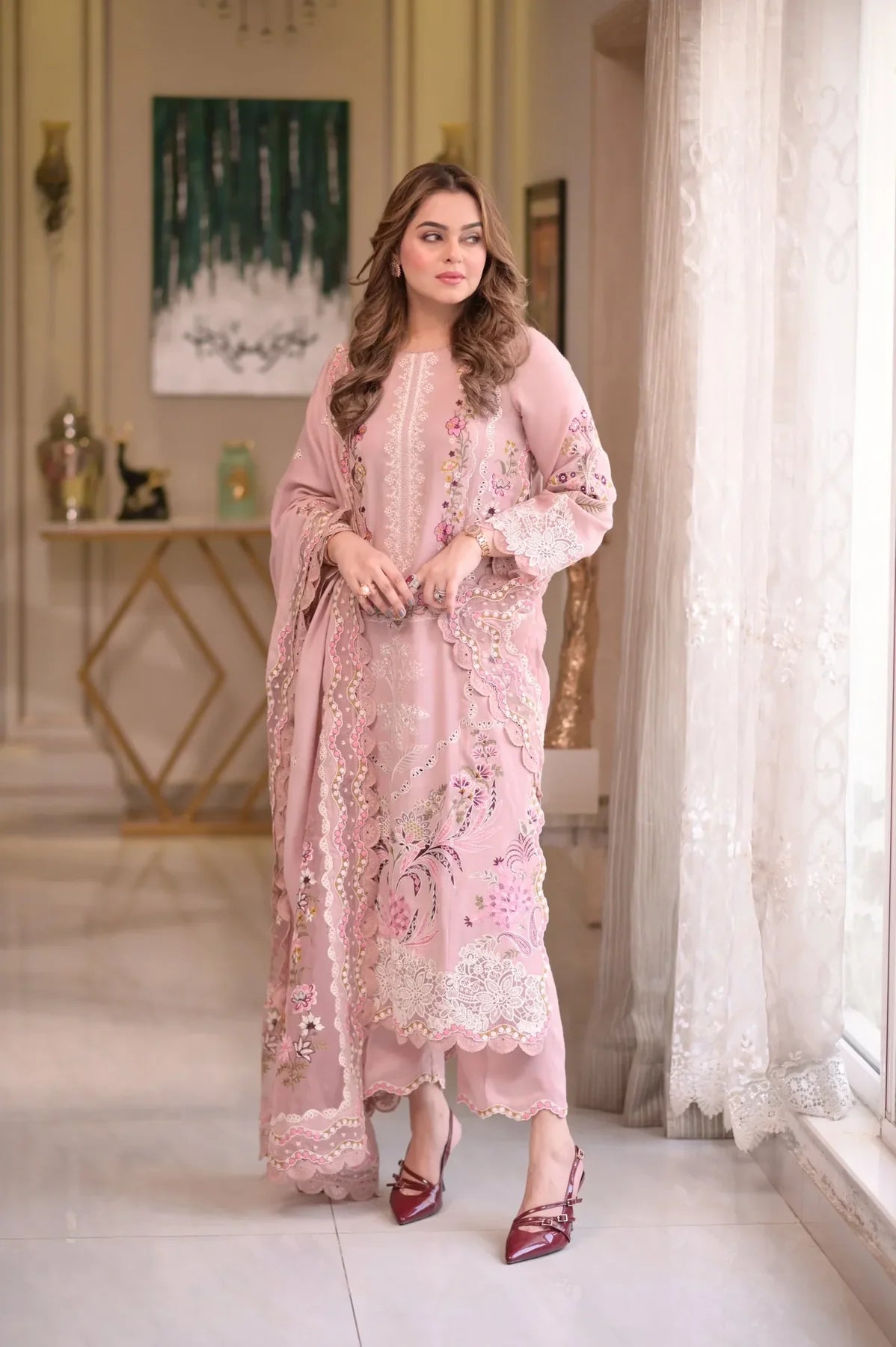3PC LAWN EMBROIDERED SHIRT WITH COTTON NET EMBROIDERED DUPATTA AND TROUSER