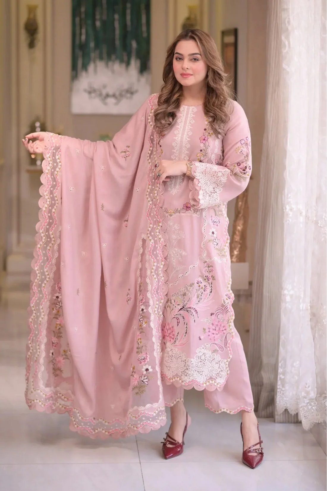 3PC LAWN EMBROIDERED SHIRT WITH COTTON NET EMBROIDERED DUPATTA AND TROUSER