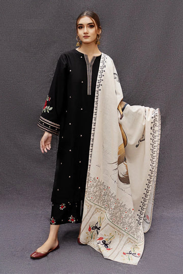 3PC DHANAK EMBROIDERED SHIRT WITH TWILL PRINTED SHAWL AND TROUSER