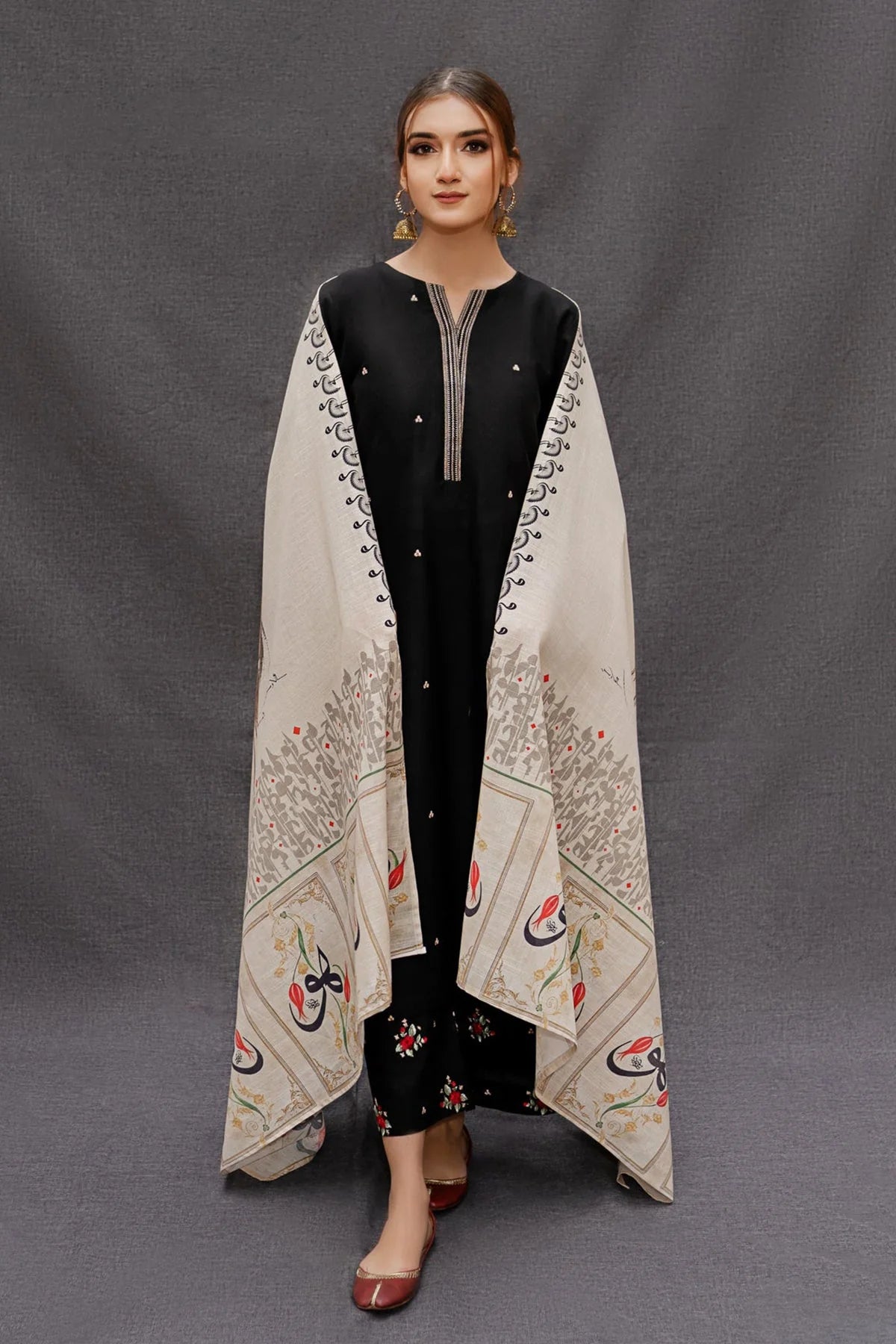 3PC DHANAK EMBROIDERED SHIRT WITH TWILL PRINTED SHAWL AND TROUSER