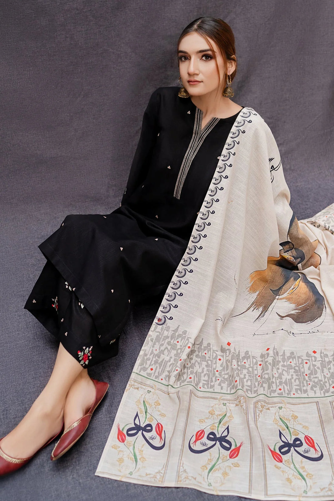 3PC DHANAK EMBROIDERED SHIRT WITH TWILL PRINTED SHAWL AND TROUSER