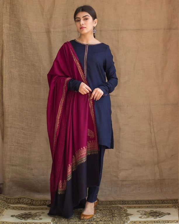 3PC EMBROIDERED DHANAK DRESS WITH WOOL SHAWL