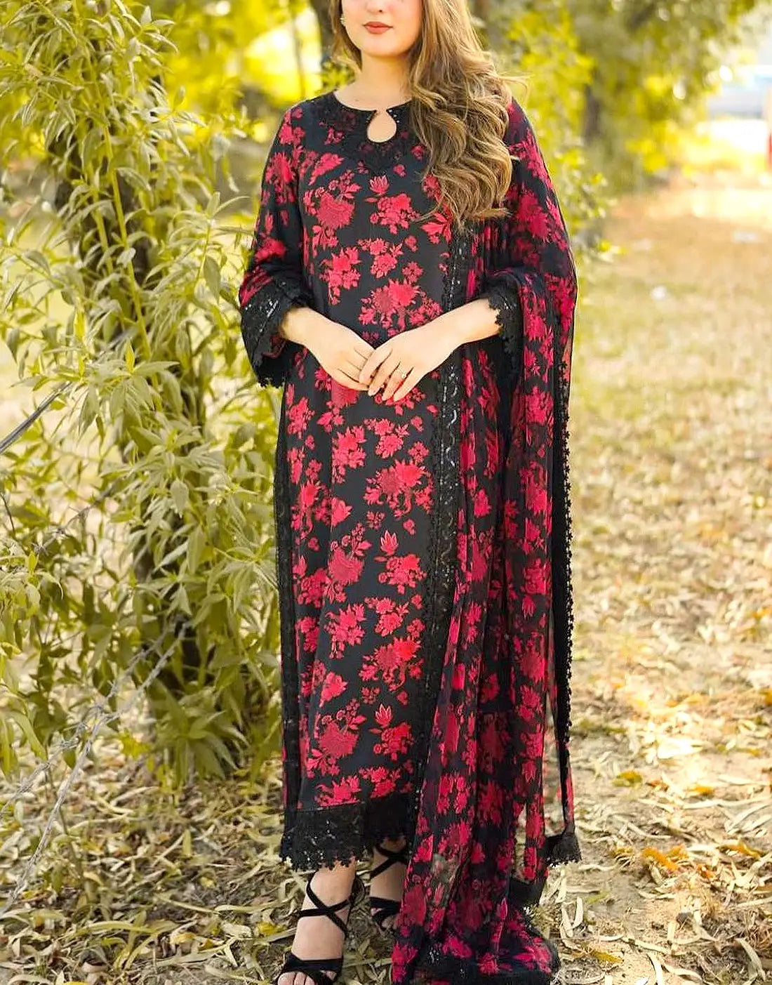 Aneela's All-Over Print Black Embroidered EID Lawn Dress