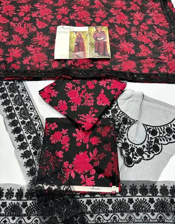 Aneela's All-Over Print Black Embroidered EID Lawn Dress