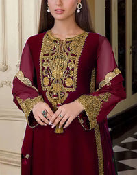 Elegant Embroidered Maroon Chiffon Party Dress