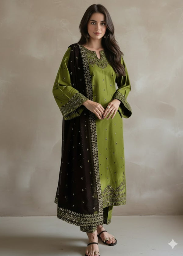 Linen Embroidered 3Pc  Suit