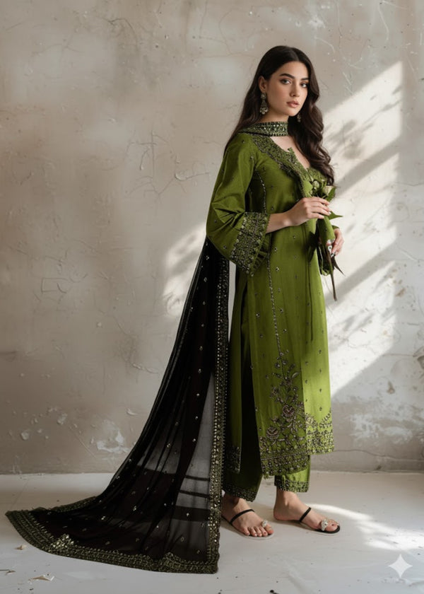 Linen Embroidered 3Pc  Suit