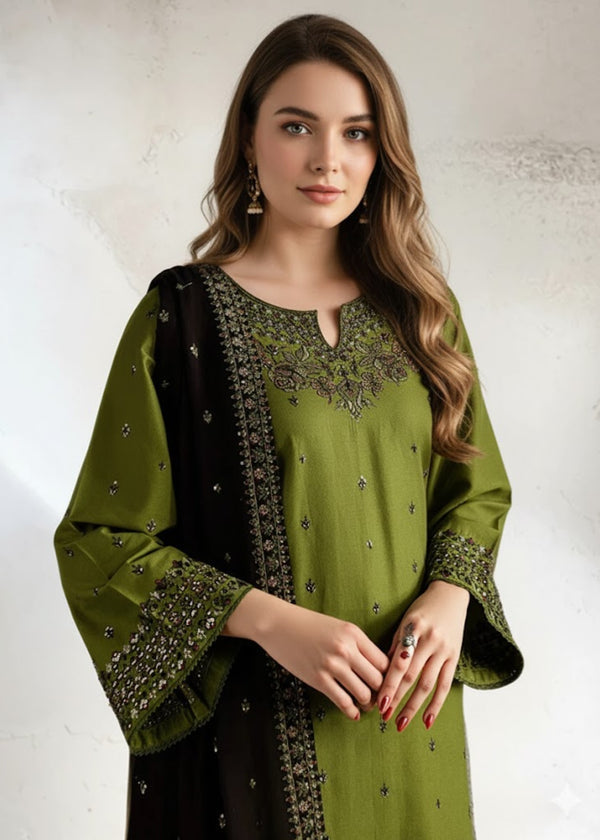 Linen Embroidered 3Pc  Suit