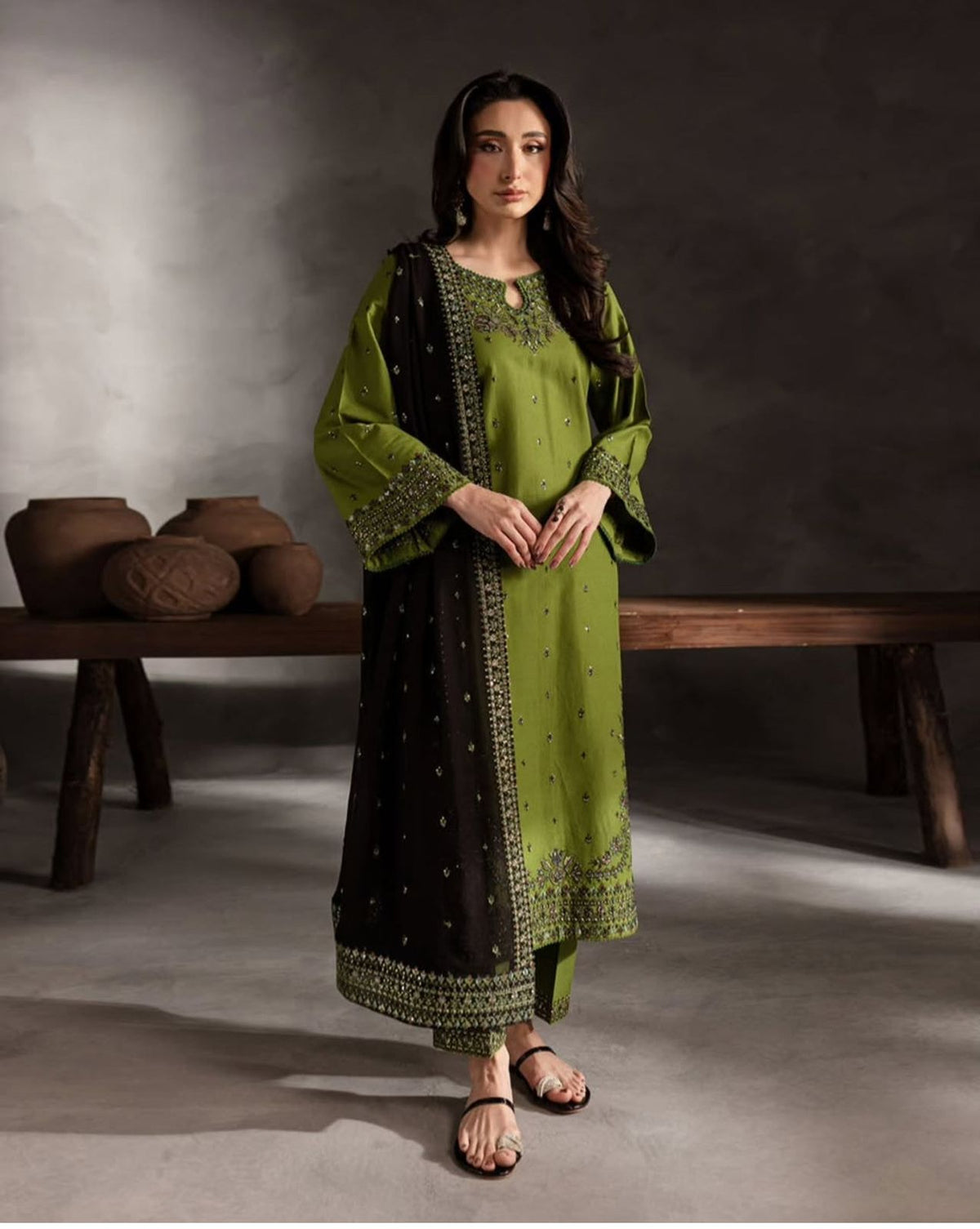 Linen Embroidered 3Pc  Suit
