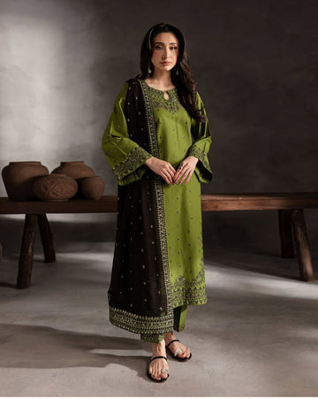 Linen Embroidered 3Pc  Suit